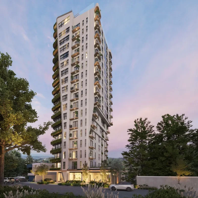 Fachada y concepto arquitectónico de ADN Apartamentos en Zona 15