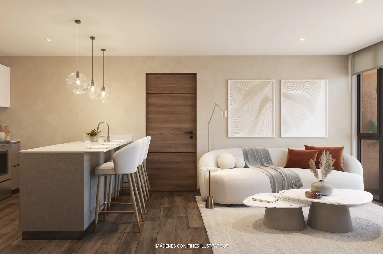 Interior de un apartamento de Irantu: cocina y sala