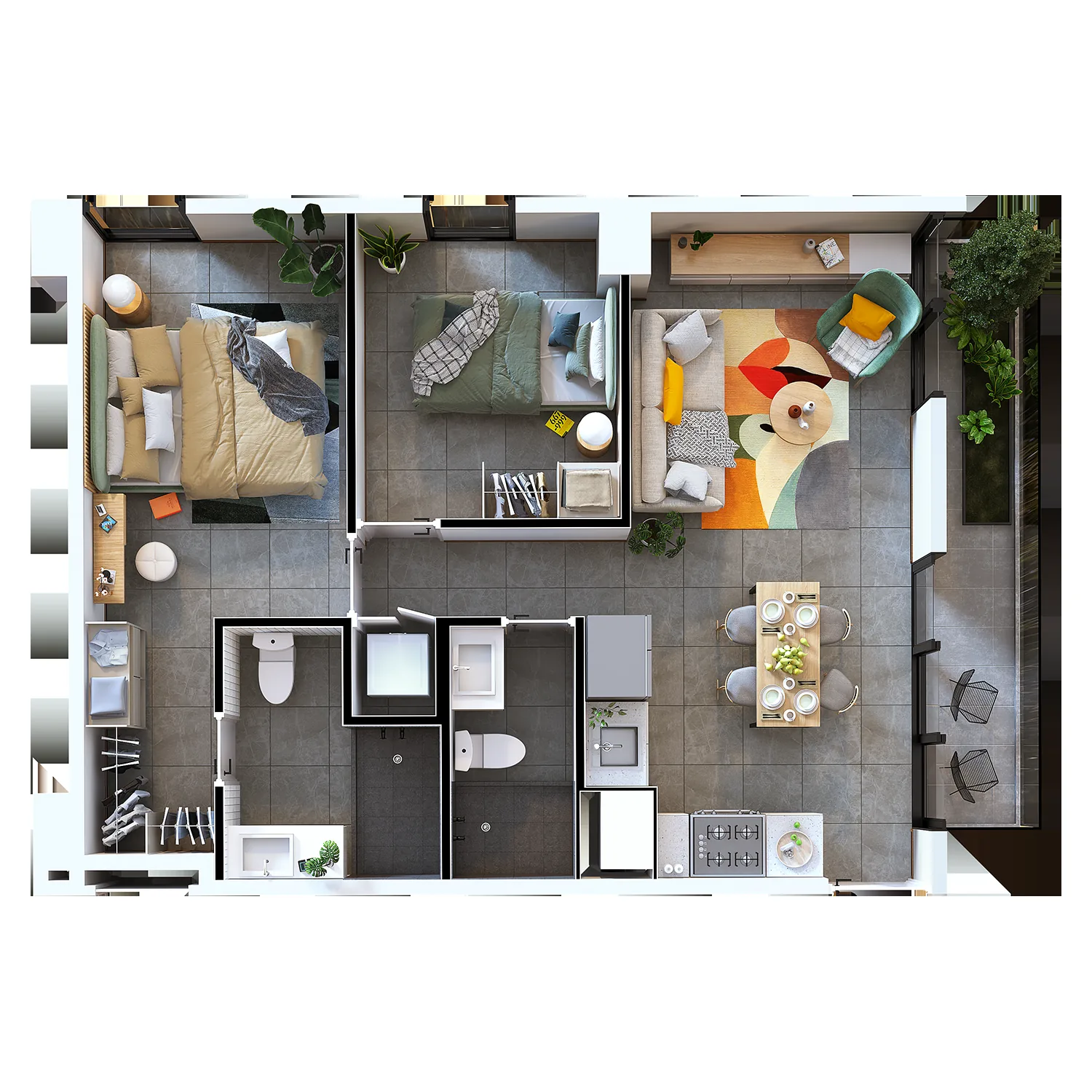 Planta isometrica del apartamento tipo C de Quince Esquina
