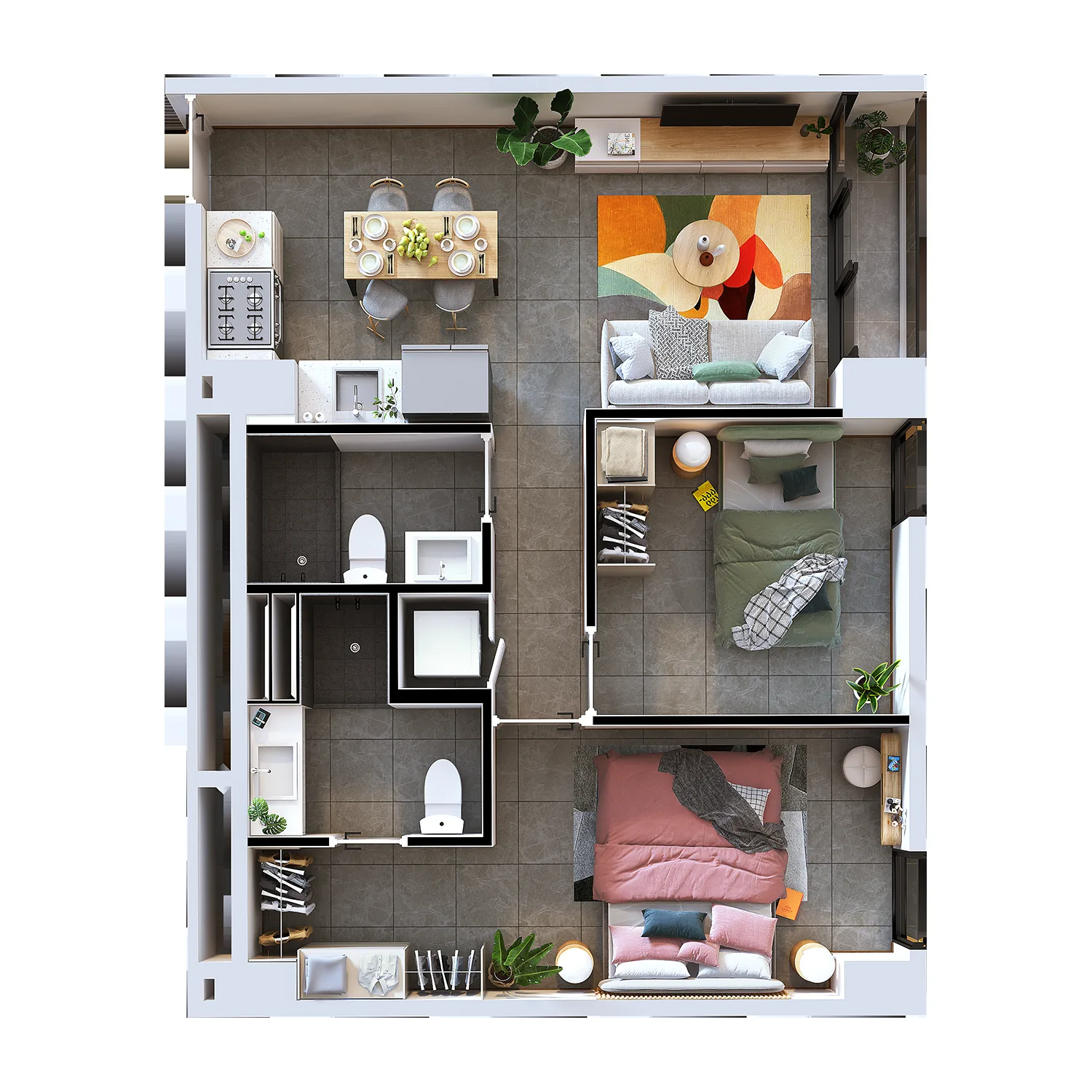 Planta isometrica del apartamento tipo D de Quince Esquina