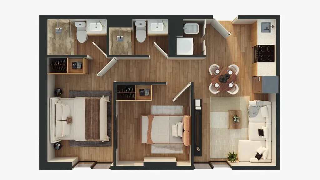 Planta de un apartamento de dos dormitorios de Vicinia Historico